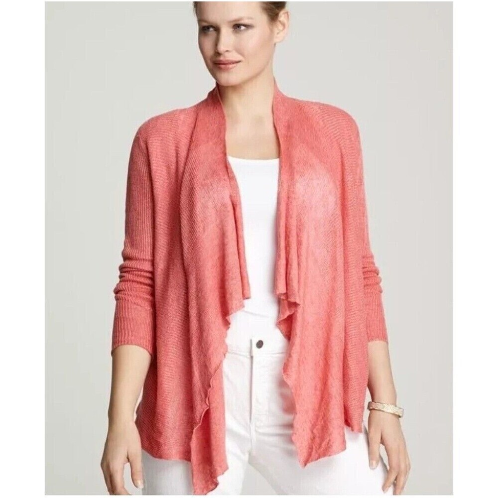 Eileen Fisher‎ Women Cascading Organic Linen Cardigan Coral Size XS Coastal Chic